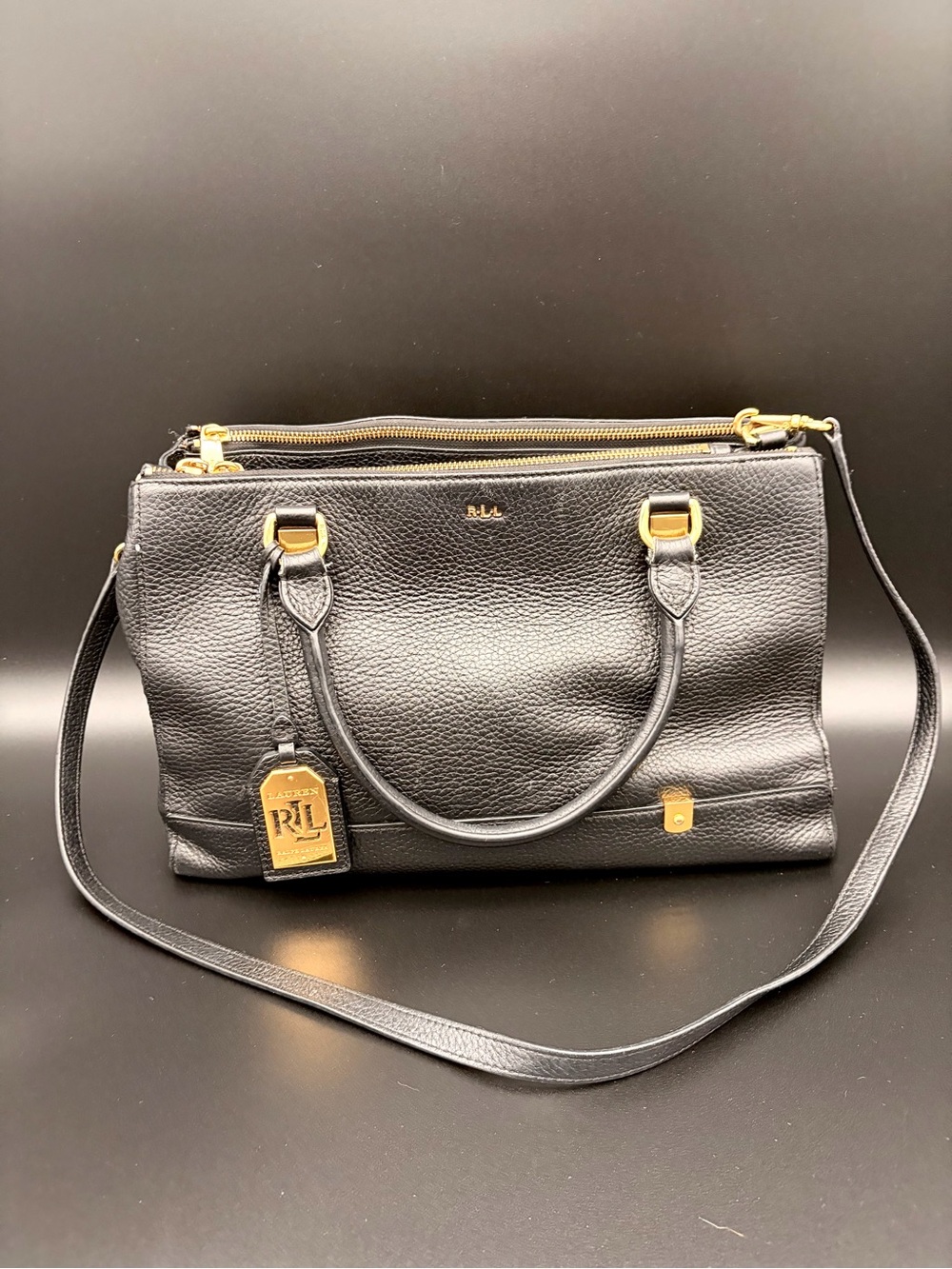 Ralph Lauren Pebbled Leather Satchel Tote Black Vintage Large Handbag Purse